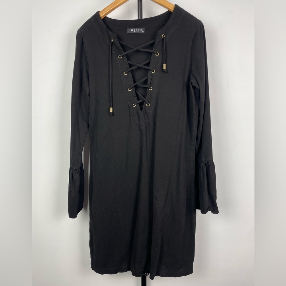 Maven West Black Lace-Up Neckline Long Bell Sleeve Mini Shift Dress